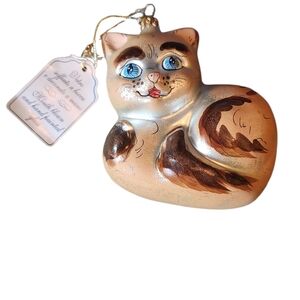 Laved Mouth Blown Handpainted Whimsical Glass Cat Ornament